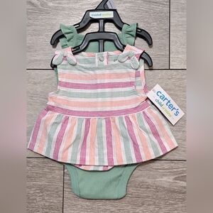 Brand New Carter's 3 Piece Striped Baby Dress with Bloomers And Onesis